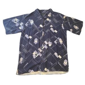 Brandini Pure Silk Short Sleeve Button Down Shirt Navy Geometric Abstract Mens L